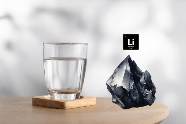 copo de agua sobre uma mesa e o simbolo quimico do litio, caracterizando lítio na água
