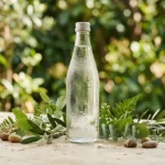 Garrafa de água mineral sem rótulo sobre superfície de pedra clara, com folhas naturais ao fundo e gotas d'água, luz natural suave. Silício e Intestino